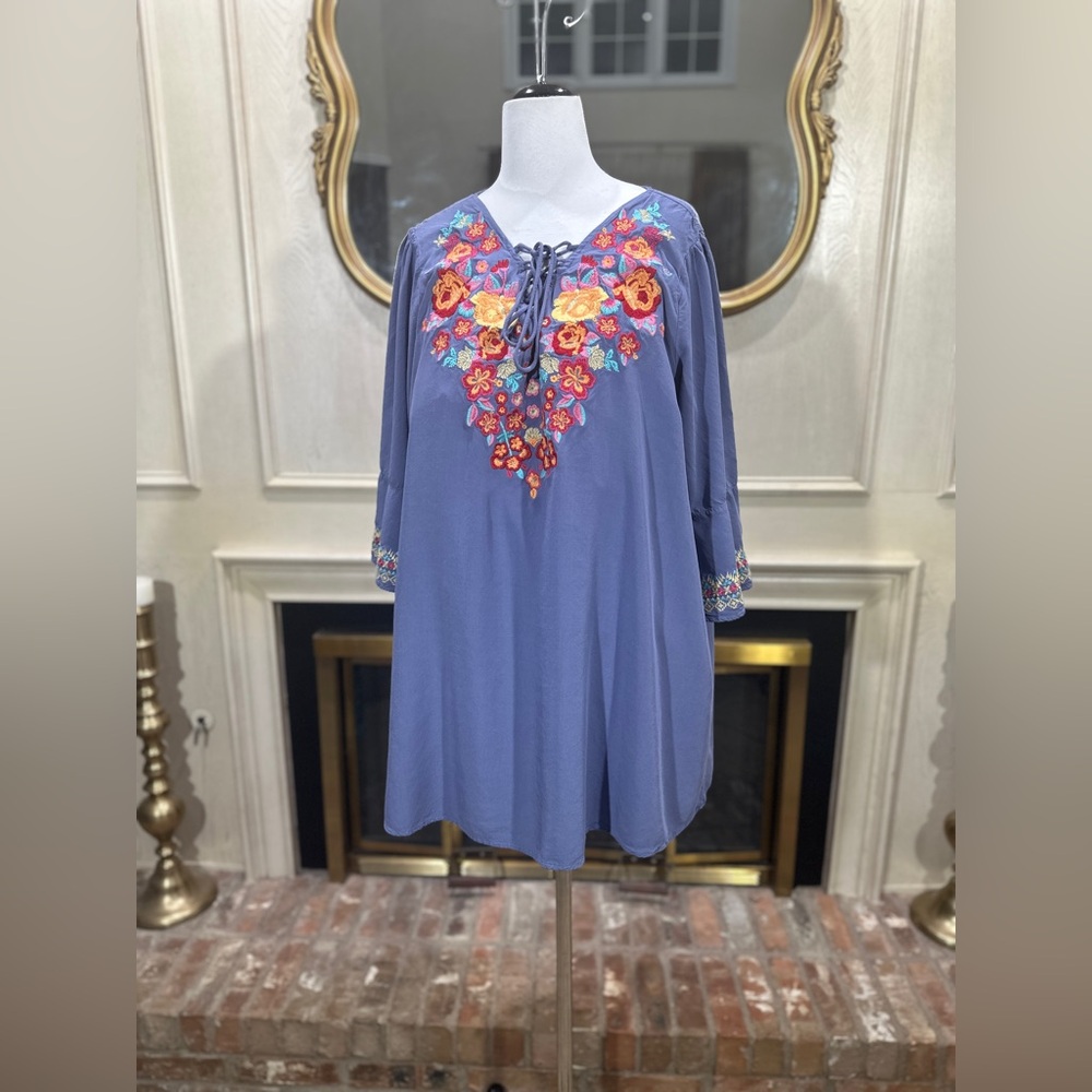 Andrée by Unit‎ Boho Embroidered Tunic Dress 1X Purple Floral Lined Peasant